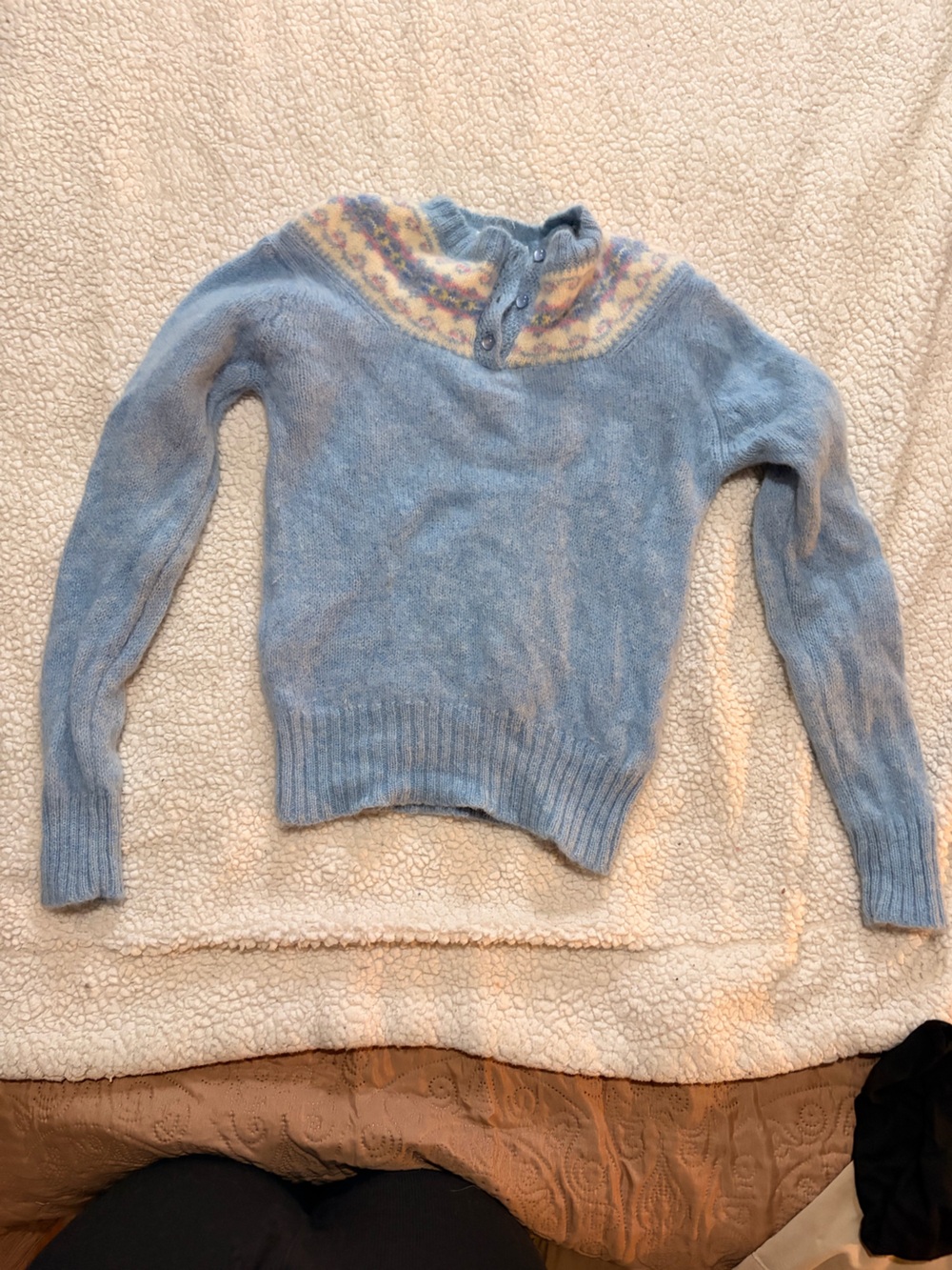 Scottish Shetland Wool debut Powder Blue Crewneck Sweater with Multicolor Yoke